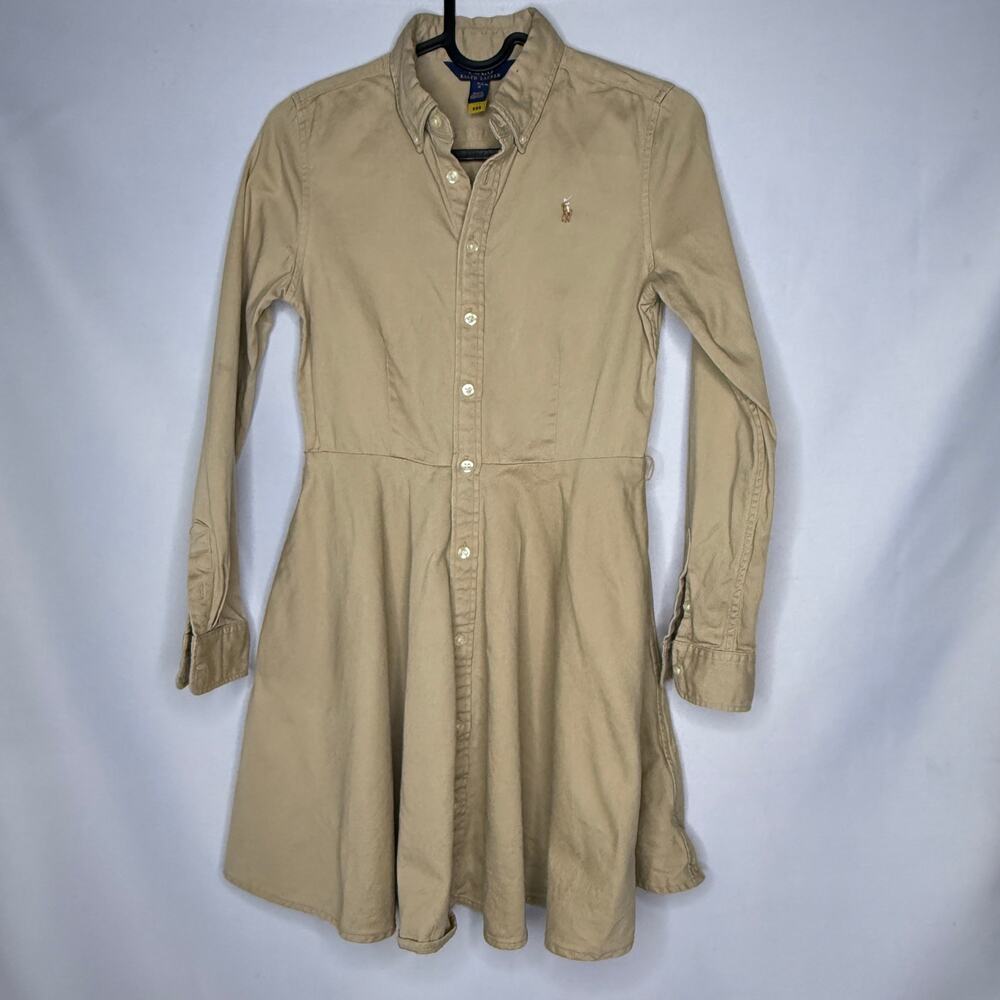Polo Ralph Lauren Girls Size 12 Khaki Tan Cotton Twill Fit‎ Flare Shirt Dress
